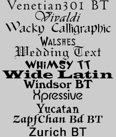 Venetian301 BT, Vivaldi, Wacky Calligraphic, Walshes, Wedding Text, Whimsy, Wide Latin, Windsor BT, Xpressive, Yucatan, ZapfChan Bd BT, Zurich BT